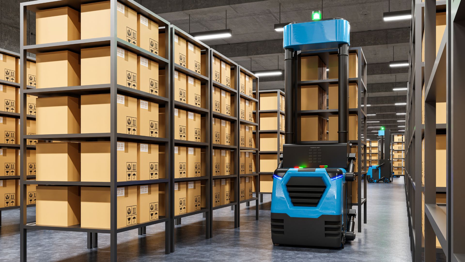 Autonomous Vehicle Forklift Robot Driving Through Warehouse
